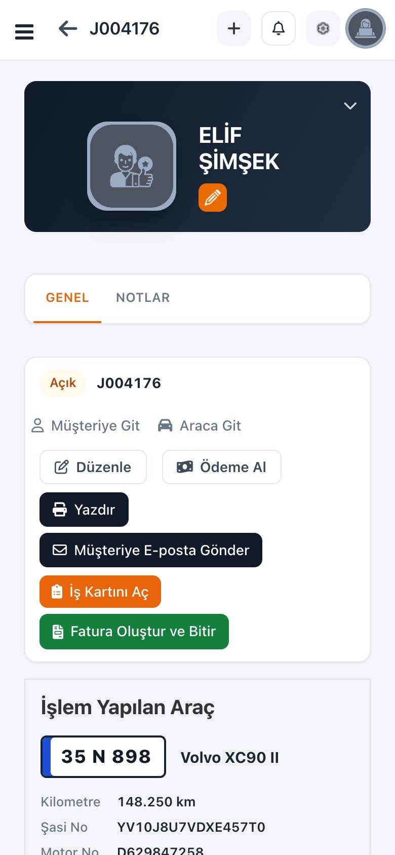 Cep telefonunda servis detayı ekranı