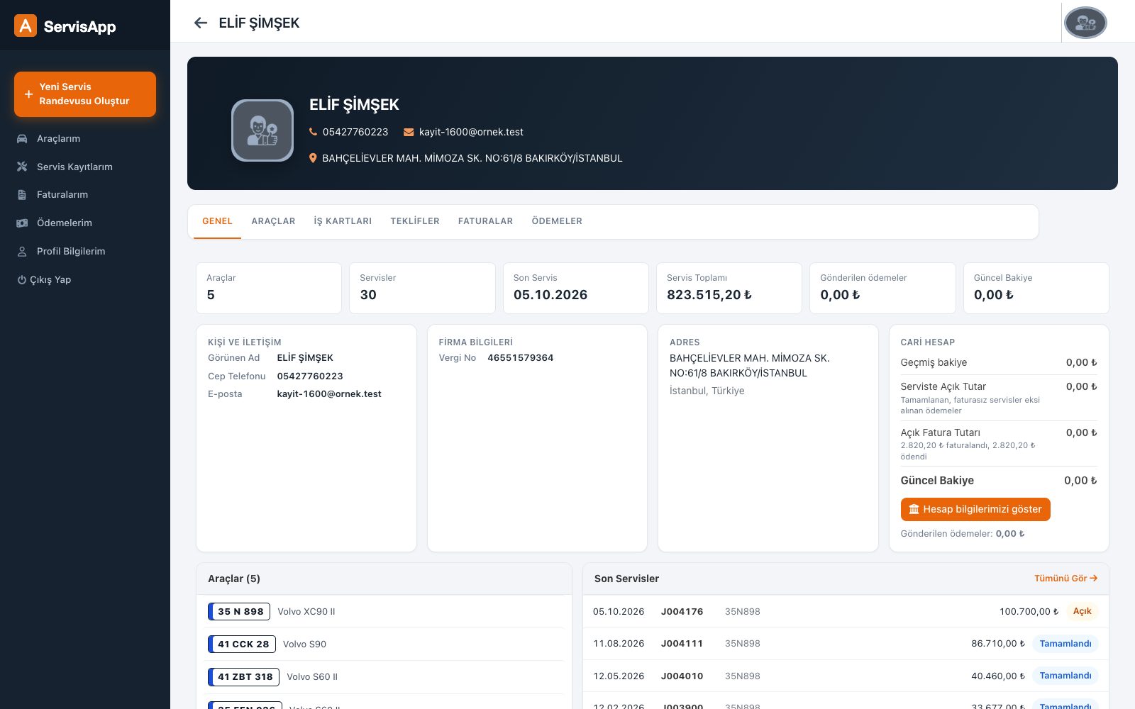 Müşterinin kendi araçlarını, servislerini ve cari hesabını gördüğü portal
